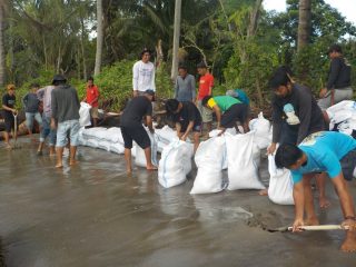 Warga Mampie Polman Cegah Abrasi Bangun Tanggul Darurat 300 Meter Pakai Karung